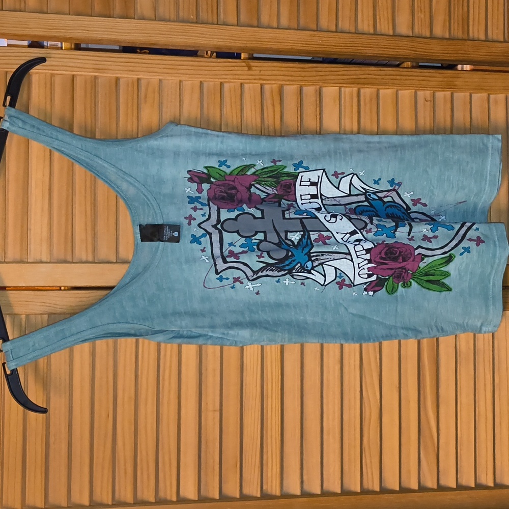 Gypsy Soule Brand Women's Teal Tank W/Red Rose, 2 Birds & Grey Cross On Front
